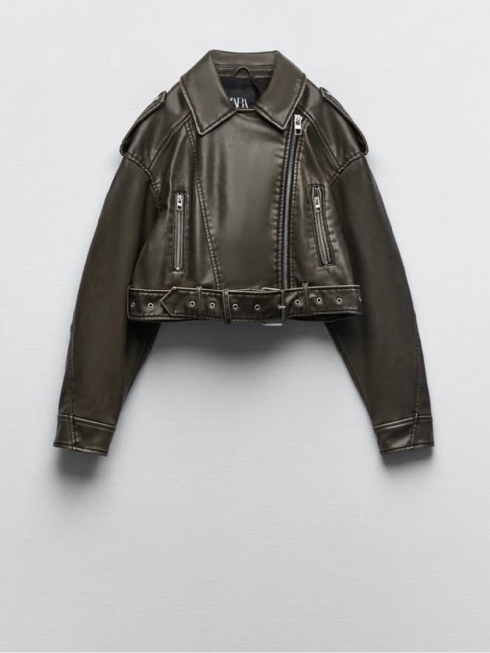 Zara Khaki Cropped Faux-Leather Moto Jacket